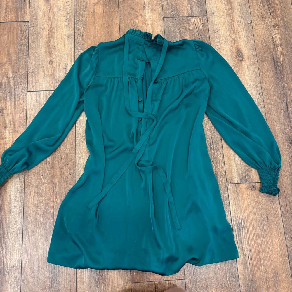 Adam Lippes Collective Green Mock Neck Satin Dress Women's Size 8 Button Luxury - Picture 6 of 9